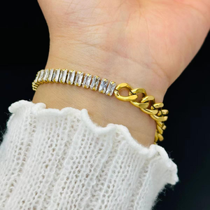 Pulsera de Cadena con Parches de Acero Inoxidable Estilo Punk, Bañada en Oro con Circonitas, para Mujer - Product Image 5