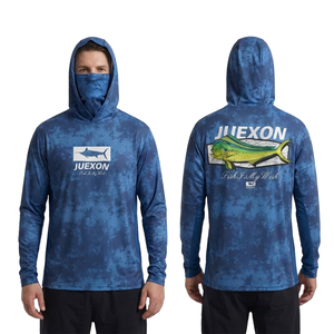 เสื้อยืดแขนยาวมีฮู้ดลายพรางสีน้ำเงินพิมพ์ลายแบบซับลิเมชั่นสำหรับผู้ชาย ผ้าโพลีเอสเตอร์ 100% ระบายอากาศได้ดี กันลม กันน้ำ ป้องกันรังสียูวี - Product Image 1