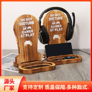 Support en bois pour casque, téléphone et montre – Présentoir de bureau en bois massif pour gamer – Étagère rétro avec clip de fixation couleur unie - Product Image 5