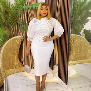 Robe en dentelle à demi-manches pour femmes, mode européenne et américaine, <span class=keywords><strong>grande</strong></span> <span class=keywords><strong>taille</strong></span> africaine, <span class=keywords><strong>jupe</strong></span> <span class=keywords><strong>longue</strong></span> permanente - Product Image 1