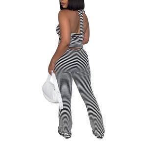 <b>Sexy</b> Lace-up Halter Short Top With Slim Pencil Pants Jacquard Stripe Women's Two Piece <b>Set</b> Fashion - Product Image 5