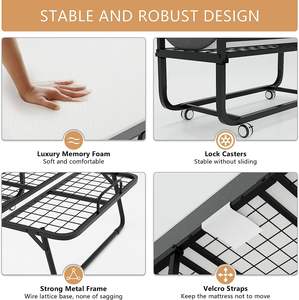 ミニマルメタル折りたたみベッドフレーム収納ポケット付き & <span class=keywords><strong>4</strong></span>キャスター付き簡単ポータブル発泡マットレス寝室用 - Product Image 4