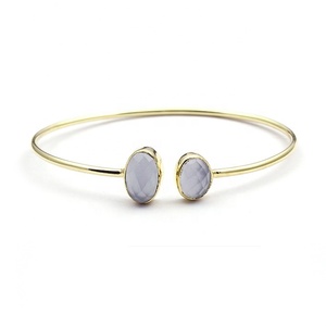 Bracelet en calcédoine bleu ciel bijoux plaqué or bracelet de forme ovale deux pierres précieuses ovales bleues bracelet réglable bijoux cadeau - Product Image 4