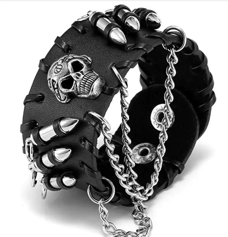 Punk Leather Cuff Bracelet Skull Design Bracelet Wristband Adjustable Size 7 to 8 Inches Include a Pouch
