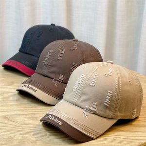 Unisex <b>Baseball</b> <b>Cap</b> Cotton Canvas Distressed Embroidered Letter Color Block Duckbill Hat For Autumn Winter Street Fashion - Product Image 1