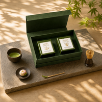 Coffret Cadeau de Luxe pour Cérémonie du Thé Matcha avec Deux Boîtes Métalliques Carrées et Sac de Transport pour Emballage de Thé Matcha Uji