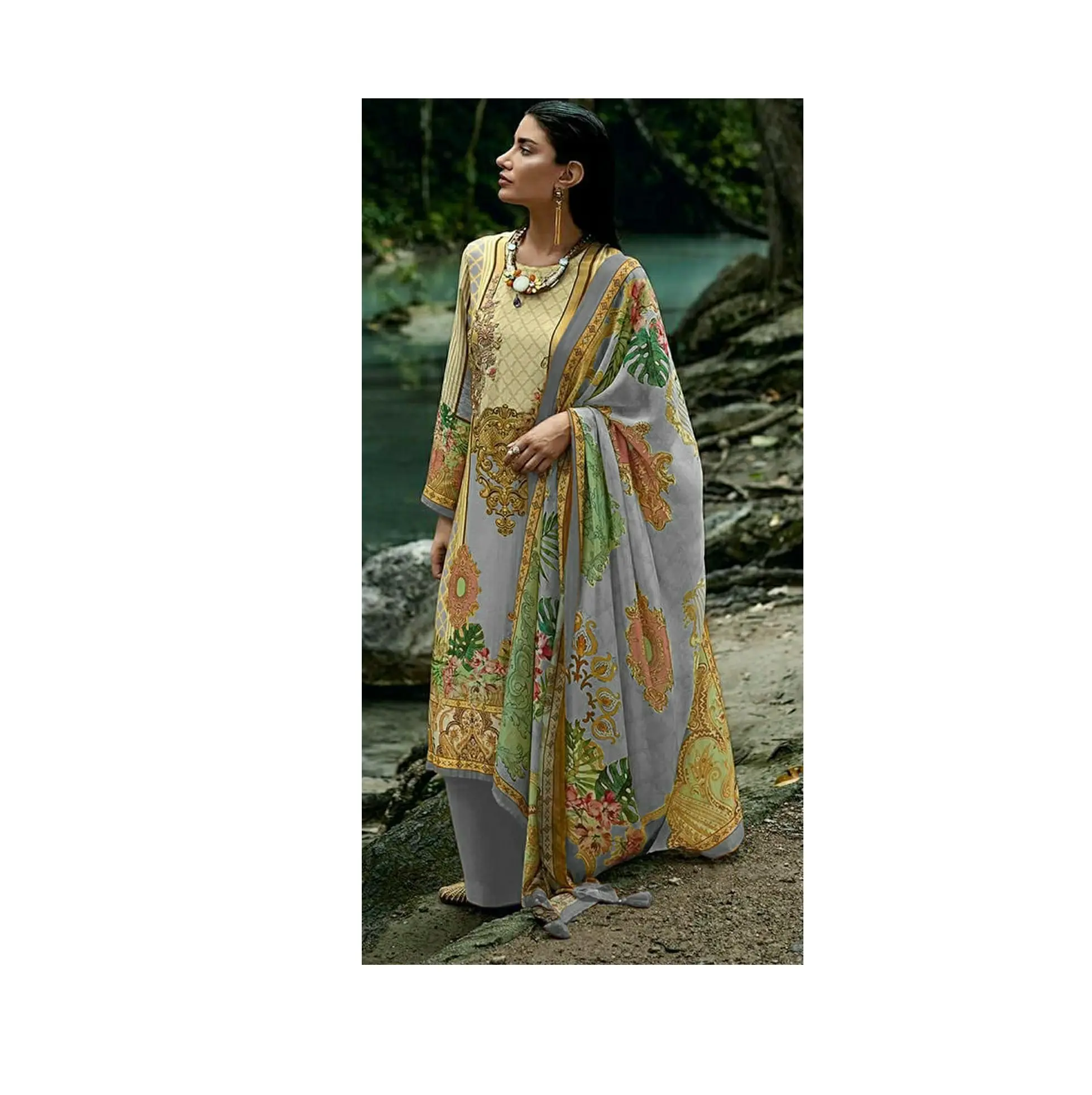 Heavy Faux Georgette com Bordado Algodão Threads Trabalho Salwar Kameez Suit para Mulheres no Preço de Exportação