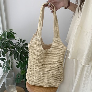 Bolso Tote de Paja Tejida Marrón Albaricoque de Gran Capacidad, Bolso de Hombro Casual para Atuendos Diarios Primavera 2024 - Product Image 1