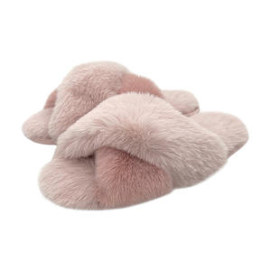 Scivoli in pelliccia a punta aperta in schiuma di memoria sfocata da <span class=keywords><strong>donna</strong></span> Slip on <span class=keywords><strong>scarpe</strong></span> da casa con cinturino incrociato Fuzzy House Slide pantofola - Product Image 1