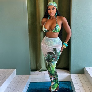 Y1422 <span class=keywords><strong>Bikini</strong></span> estampado Traje de baño de mujer de moda Conjunto de tres piezas <span class=keywords><strong>sin</strong></span> pañuelo en la cabeza - Product Image 6