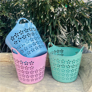 Plum Blossom Laundry <b>Basket</b> Round <b>Stackable</b> Plastic Storage <b>Basket</b> With Handle For Clothes Organizing Household Use - Product Image 1