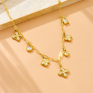 French Retro Chic Diamond Encrusted Teardrop Flower Pendant Chain Stainless Steel Clavicle Necklace Everyday Wear - Product Image 2