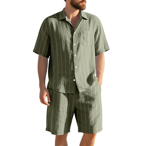 <span class=keywords><strong>Completo</strong></span> Estivo da <span class=keywords><strong>Uomo</strong></span> in <span class=keywords><strong>Lino</strong></span> a Righe, 2 Pezzi: Camicia a Maniche Corte con Bottoni e Pantaloncini da Spiaggia con Elastico in Vita - Product Image 3