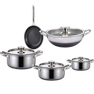 Juego de utensilios de cocina antiadherentes de acero inoxidable triple 304/316 con diseño de panal, nuevo, que incluye ollas, sartenes, cacerola y bandeja para pizza. - Product Image 3