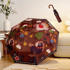 Paraguas Plegable de Tres Secciones con Diseño de Dibujos Animados, Mango de Madera, Apertura Manual, Resistente a los Rayos UV, para Sol y Lluvia, 8 Varillas, Poliéster - Product Image 2