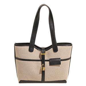 Sac cabas en toile beige et marron, style vintage, embellissement de serrure en métal, épaule/sac à main pour femme. - Product Image 1