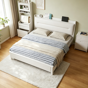 Minimalist White Upholstered <b>Queen</b> <b>Bed</b> <b>Frame</b> with Faux Leather and Storage Drawers - Product Image 4