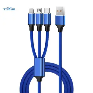 One-to-three data cable for Apple Micro type-c three-head fast charging data cable Tooya 2.4A fabric three-in-one charging cable