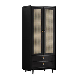 Armario de Madera Maciza y Ratán con Cajones, Puerta con Bisagras, Ahorro de Espacio, Almacenamiento para Dormitorio, Color Negro Vintage - Product Image 4