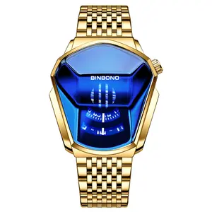 BINBOND SH01 jam tangan kuarsa baja penuh modis jam tangan mewah tali baja jam tangan emas untuk pria sukses