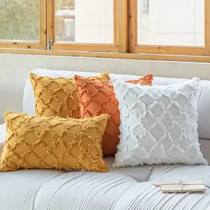 Sarung bantal Sofa 100% katun, penutup bantal lempar rumbai pemotong berlian 18x18 gaya kesederhanaan Nordik untuk Sofa dan tempat tidur