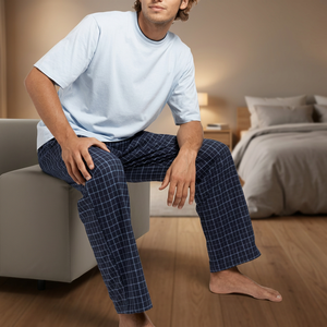 Men's Casual Style Woven Cotton Pant Pajamas with Long Sleeve <b>Top</b> Breathable Yarn Dyed Fabric Pockets 100% Cotton - Product Image 2