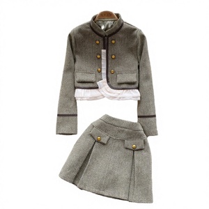 Conjunto de Dos Piezas para Mujer: Abrigo de Manga Larga con Cuello Alto + Falda Midi Plisada Ajustada con Volantes, Estilo Preppy, Color Sólido, Verano - Product Image 3