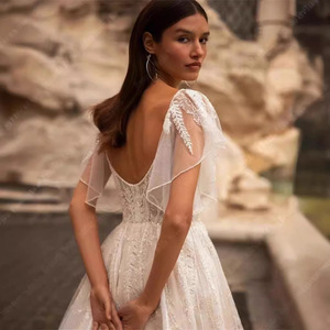 French Style Wedding Dress White A-Line Tulle V-Neck Empire Waist Vintage Fashion - Product Image 3