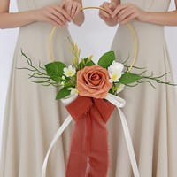 Set Karangan Bunga Buatan Warna Biru Debu dengan Mawar dan Cincin Emas untuk Dekorasi Kursi Pernikahan & Pengiring Pengantin