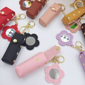 New Stylish PU Leather Lipstick Holder <b>Key</b> Chain with Mirror Portable Chapstick Sleeve Makeup Bag Soft Lip-Balm Holder - Product Image 1