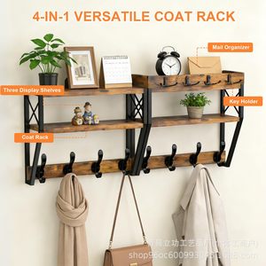 Wooden Wall Mounted Storage Rack 2 Tier <b>Shelf</b> With <b>Hooks</b> For Kitchen Living Room Entryway Key Bag Organizer - Product Image 3