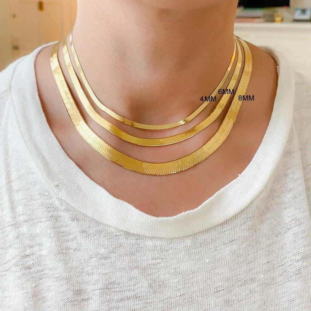 Factory wholesale wide 4mm high polished flat snake bone Herringbone chain link Choker necklace for women gift
