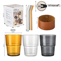 Mug à café en verre transparent isotherme personnalisé et créatif avec étui en cuir portable et couvercle avec paille