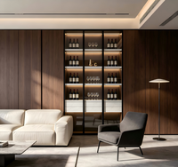 Meuble de salon moderne de luxe en bois massif de noyer avec cadre en verre de qualité, poignée noire et éclairage LED, armoire à vin