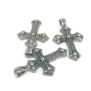 Yiwu Aceon Stainless Steel Casting Vintage Black Oil Tone Dot Pattern Embossed Shield Floral Cross Pendant