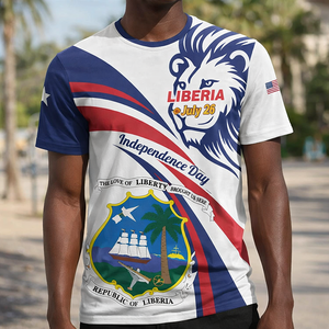Liberia Unabhängigkeitstag <span class=keywords><strong>T</strong></span>-Shirt 26. Juli Löwen-Wappen Großhandel Lässige Polyester Sublimations-<span class=keywords><strong>T</strong></span>-Shirts mit O-Ausschnitt und Liberia-Motiv - Product Image 1