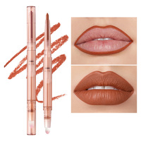 Lápiz Labial Vegano de Doble Punta Mate y Cremoso de Marca Privada, Venta al por Mayor, Delineador de Labios y Brocha 2 en 1, Maquillaje a Prueba de Agua