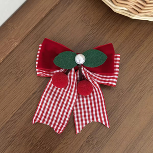 Barrette à cheveux à carreaux rouge avec nœud fraise en polyester pour fille, usage quotidien, motif perle mignon - Product Image 5