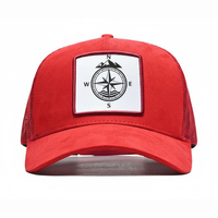 Casquette de camionneur personnalisée à 5 panneaux en daim rouge avec logo brodé et patch tissé, maille respirante, fermeture snapback, haute qualité, performance, hip-hop, extérieur