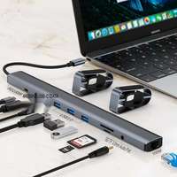 Station d'accueil USB-C multiport 10-en-1 en alliage d'aluminium argenté, adaptateur USB 3.0, lecteur de cartes SD/TF, 4K 30Hz pour ordinateur portable
