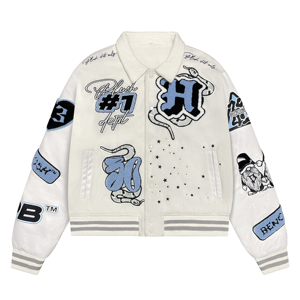 High Quality <b>White</b> Blue Chenille Applique Leather Sleeve <b>Jacket</b> Snake Lips Embroidery Vintage Streetwear Baseball <b>Jacket</b> for Men - Product Image 1