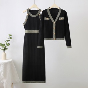 Elegant 2 Piece Set Women Long Tank Dress Knit Cardigan Sweater <b>Gold</b> <b>Button</b> Up Rib Knitted Vest Dress Manufacturer - Product Image 2