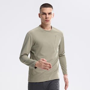 HG61213 T-shirts à manches longues pour hommes, séchage rapide, col rond, pull urbain pour les trajets quotidiens, tissu tricoté respirant, absorption de l'humidité, uni - Product Image 1