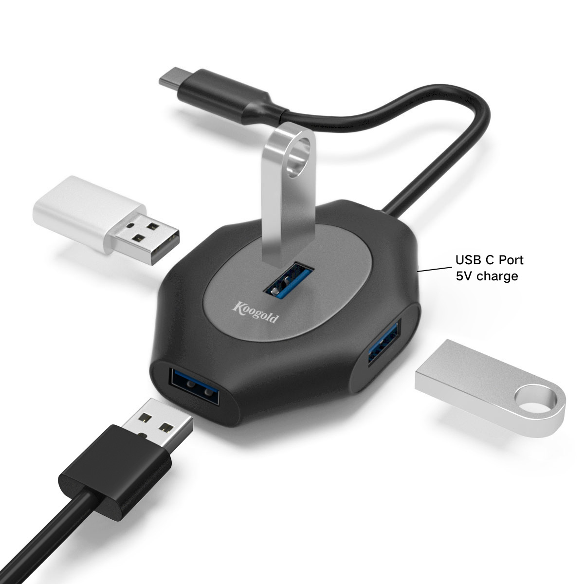 Koogold 4 en 1 Type C Hub avec USB 3.0*4 + Port Type c Station D'accueil pour IPhone/Macbook/Ordinateur Portable Comme