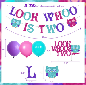 Décorations <span class=keywords><strong>de</strong></span> fête d'anniversaire 1ère et 2ème anniversaire sur le thème du Hibou : Bannières suspendues 'Whoo Is TWO', Guirlande <span class=keywords><strong>de</strong></span> drapeaux, Ballons en latex à l'hélium, Décorations pour cupcakes et gâteaux - Product Image 4