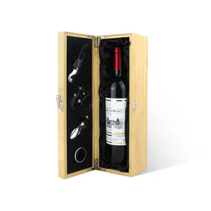 Beliebteste einzelne Weinflasche Holz Aufbewahrung boxen und 4 Stück Zubehör Geschenk verpackungs werkzeuge Bambus Holz Wein kiste