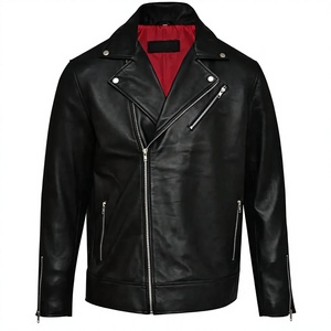 Veste de moto pour homme en cuir noir chauffante, coupe ajustée, col mandarin, fermeture éclair, couleur unie, logo sur le devant, hiver - Product Image 1