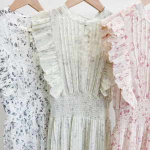 Váy voan xếp ly cổ tròn tay bồng dáng xòe eo cao tôn dáng in họa tiết dành cho nữ - Product Image 4