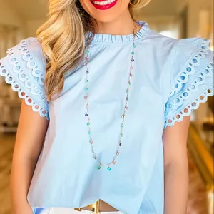 2024 Shewin butik kadın giyim toptan özel Logo pembe yeşil Beau mavi katmanlı Ric Rac kap kollu dolu boyun bluz