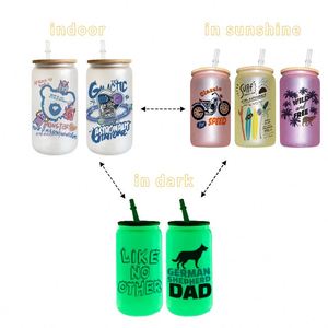 Vaso de Vidrio de 16 oz para Sublimación, Colorido, con Cambio de Color UV y Brillo en la Oscuridad, con Tapa de Bambú y Pajita para Impresión por Sublimación - Product Image 1